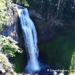 Salt Creek Falls Oregon Hiking: A majestic waterfall, Salt Creek Falls, cascades down a rocky cliff surrounded by lush green vegetation and tall trees, creating a serene and picturesque scene in Oregon.