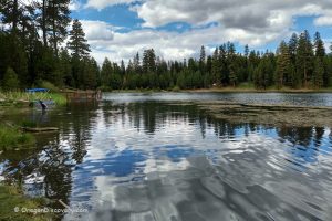 Walton Lake Oregon - Lake Reflection: Walton Lake's serene waters reflect the surrounding forest and partly cloudy sky, with a small dock and a person in a blue kayak visible on the left side of the image.