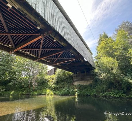 Hayden Covered Bridge Oregon Covered Bridge: View from below the covered bridge, showing its wooden trusses and the creek flowing underneath, surrounded by greenery.