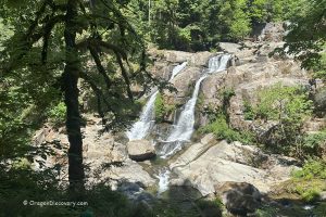 Coquille River Falls Oregon Hiking: A scenic view of Coquille River Falls cascading down rocky cliffs, framed by green trees and dappled sunlight.