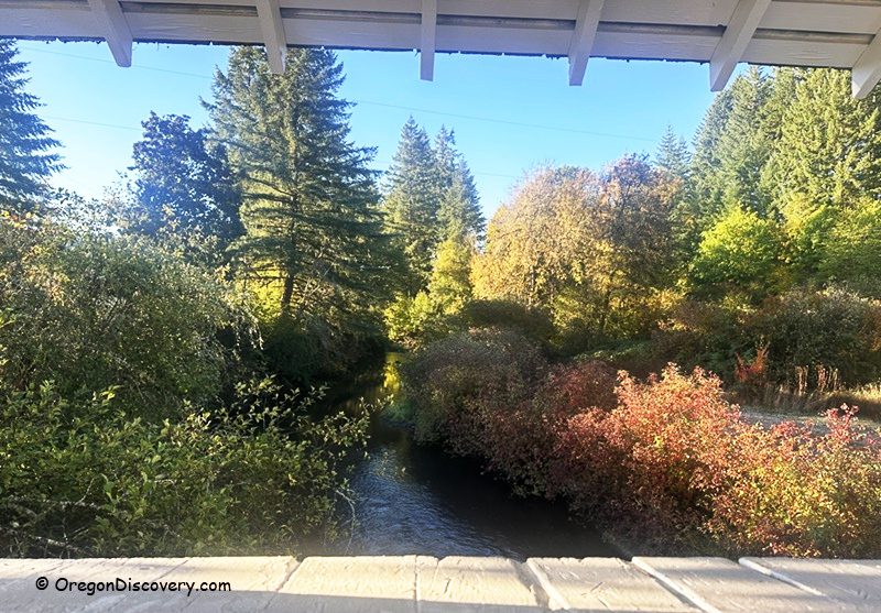 Earnest Covered Bridge in Oregon: The picture "Earnest Covered Bridge in Oregon view of creek and autumn trees" captures the view from inside the bridge, looking out over a creek lined with colorful autumn trees and dense green forest.