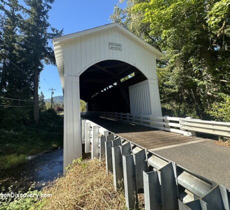 Mosby Creek Covered Bridge in Oregon: The picture "Mosby Creek Covered Bridge in Oregon side view with creek" displays a side view of the white covered bridge stretching over a small creek, surrounded by trees and greenery under a clear blue sky.