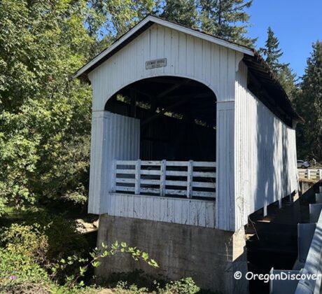 Stewart Covered Bridge in Oregon: The picture "Stewart Covered Bridge in Oregon bridge over river with people" displays a side view of the covered bridge crossing over a shallow, clear river, with two people and a dog standing on the rocky riverbank among leafy trees.
