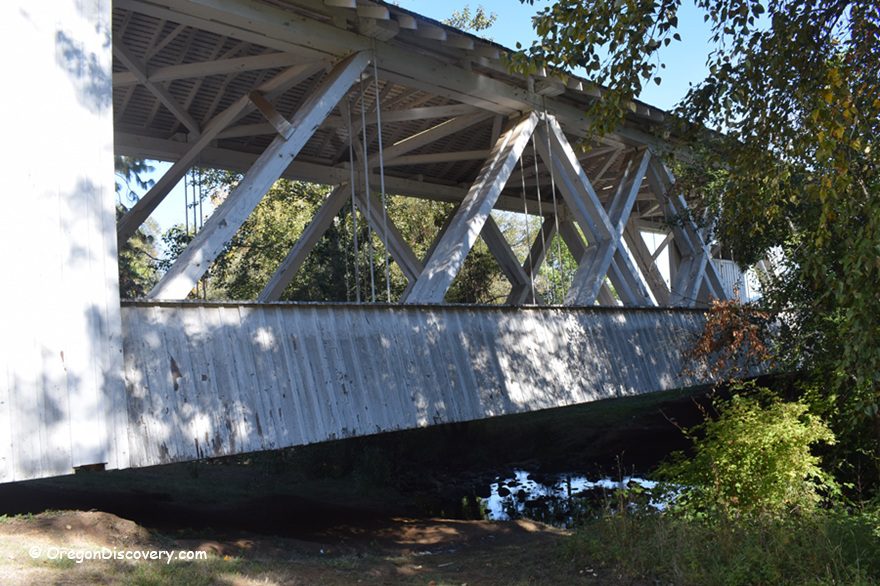 Weddle Covered Bridge in Oregon: The picture "Weddle Covered Bridge in Oregon side view over Ames Creek" shows a close-up side view of the bridge’s white wooden exterior and crisscrossing trusses, spanning over Ames Creek, surrounded by trees and greenery.