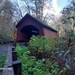 North Fork Yachats Covered Bridge in Oregon: The picture "North Fork Yachats Covered Bridge side angle" features a diagonal view of the red covered bridge surrounded by dense green vegetation and trees, with road signs and a creek visible in the foreground.