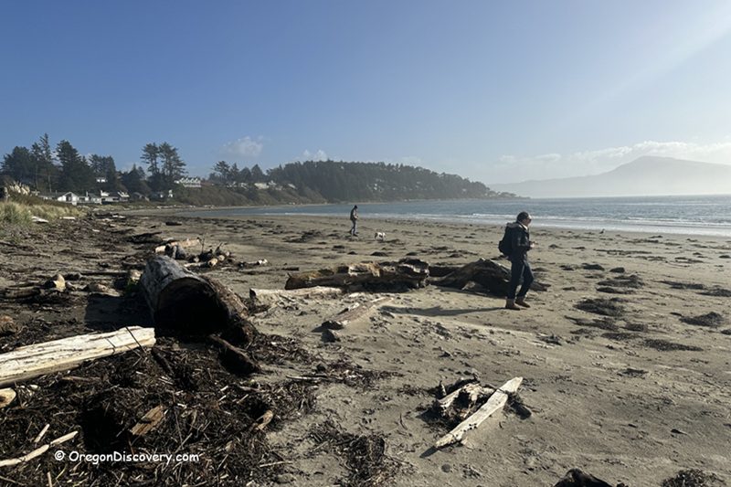 Happy Beach in Oregon: The picture "Happy Beach in Oregon – people walking on driftwood-strewn beach" features two people strolling along a wide sandy beach scattered with driftwood and debris, with forested hills and ocean waves in the background.