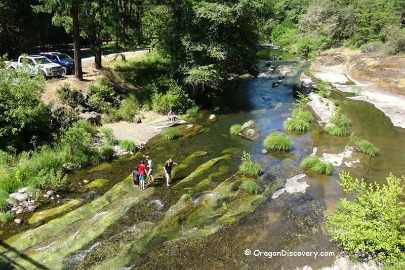 Wolf Creek Falls Recreation Area in Oregon: The picture "Wolf Creek Falls Recreation Area in Oregon – people wading in shallow creek" shows several people standing and walking in the clear, shallow water of a creek surrounded by lush green trees, with parked vehicles visible on the nearby road.