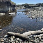 Muriel O. Ponsler Memorial State Scenic Viewpoint in Oregon: The picture "Muriel O. Ponsler Memorial State Scenic Viewpoint creek, pebbles, and driftwood" shows a shallow, clear creek flowing over smooth pebbles with weathered driftwood scattered along the banks and a sandy bluff in the background, beneath a sunny sky.