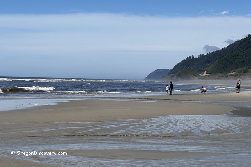 Muriel O. Ponsler Memorial State Scenic Viewpoint in Oregon: The picture "Muriel O. Ponsler Memorial State Scenic Viewpoint beach and headland" features a wide sandy beach with gentle waves, a few people exploring near the water’s edge, and a lush, forested headland extending into the distance under partly cloudy blue skies.