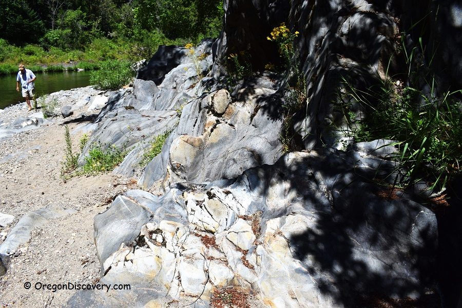 South Umpqua River Rockhounding in Oregon: The picture "South Umpqua River Rockhounding in Oregon – gray rock outcrops along riverside trail" shows smooth, light and dark gray rock formations covered in patches of grass and wildflowers, with a person walking along a sandy trail beside the river in the background.