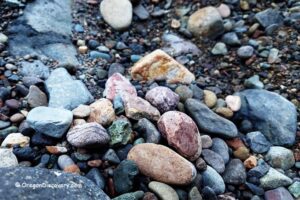 Quartzville Creek - Recreational Gold Panning and Rockhounding in Oregon: The picture "Quartzville Creek - colorful river rocks" features a close-up of various rounded and jagged river rocks in shades of pink, tan, gray, and green scattered along the gravelly creek shore.
