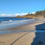 Lighthouse Beach in Oregon: The picture "Lighthouse Beach wide sandy shore" shows a broad, gently curving sandy beach with small waves rolling in from the blue ocean, bordered by forested bluffs and a few footprints visible in the sand.