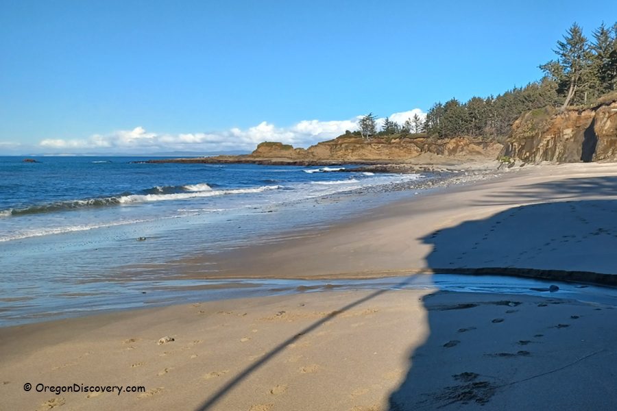Lighthouse Beach in Oregon: The picture "Lighthouse Beach wide sandy shore" shows a broad, gently curving sandy beach with small waves rolling in from the blue ocean, bordered by forested bluffs and a few footprints visible in the sand.