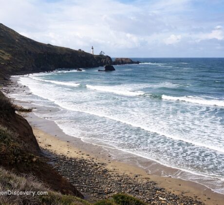 Starfish Cove in Oregon: The picture "Starfish Cove coastal view with lighthouse framed by branches" shows windswept ocean waves rolling toward a rugged shoreline, with a distant lighthouse perched on a bluff, all framed by green shrubs and tree branches in the foreground under a cloudy sky.