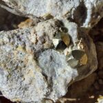 Boulder Creek Pyrite Rockhounding at Quartzville Creek Oregon: The picture "pyrite crystals in quartz matrix close-up" features two bright, metallic pyrite crystals embedded in a rough, pale gray quartz rock, surrounded by clusters of similarly colored stones and gravel.