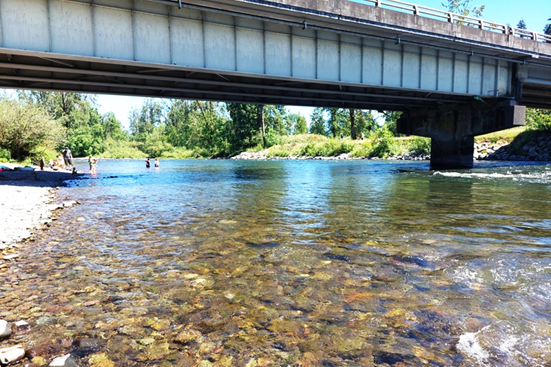 North Santiam River Rockhounding in Oregon: The picture "river under highway bridge" features a view of the North Santiam River with clear water flowing under a large concrete bridge, people wading in the river, and green trees on the riverbanks.