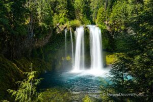 Koosah Falls in Oregon: The picture "Koosah Falls waterfall wide view" shows a stunning, double-plume waterfall pouring over a mossy cliff into a deep blue pool, surrounded by lush green forest and bright sunlight.