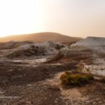 Rockville Rockhounding in Oregon: The picture "Rockville rockhounding site landscape" features a wide, arid vista of rolling hills and rugged terrain with patches of dry grasses and brush, bathed in golden light under a hazy sky.
