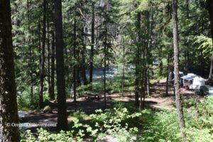 Olallie Campground in Oregon: The picture "Olallie Campground riverside campsites" shows a shaded forested area with picnic tables and several campers or trailers set up among tall trees. The clear river can be seen running behind the campsites.
