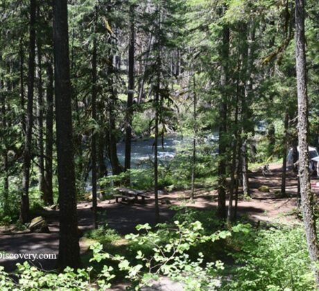 Olallie Campground in Oregon: The picture "Olallie Campground riverside campsites" shows a shaded forested area with picnic tables and several campers or trailers set up among tall trees. The clear river can be seen running behind the campsites.