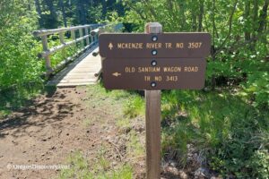 McKenzie River Trail in Oregon: The picture "McKenzie River Trail and Old Santiam Wagon Road junction sign" displays a brown wooden sign marking the start of McKenzie River Trail No. 3507 and Old Santiam Wagon Road Trail No. 3413, standing at the edge of a wooden bridge in a lush forest setting.