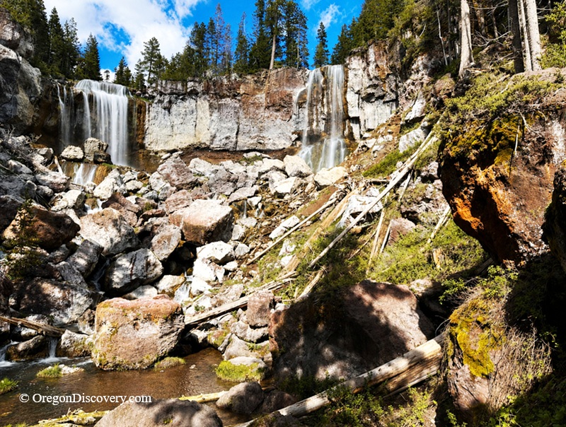 Paulina Falls in Oregon - Paulina Falls Base Paulina Falls in Oregon: The picture "Paulina Falls Base" presents a wide view of the waterfall base, with white water streaming down a tall cliff face amid a landscape of large rocks, logs, and green foliage.