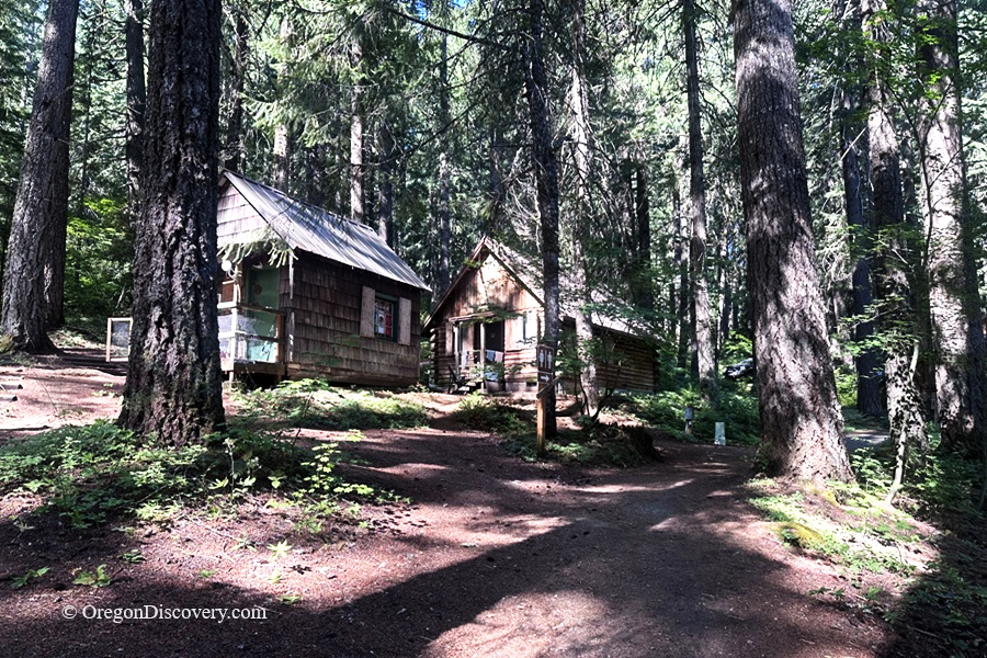 Clear Lake in Oregon – Clear Lake Cabins Clear Lake in Oregon – The picture "Clear Lake Cabins" depicts two rustic wooden cabins nestled among tall, mossy trees in a shady, peaceful forest setting on the edge of the lake.