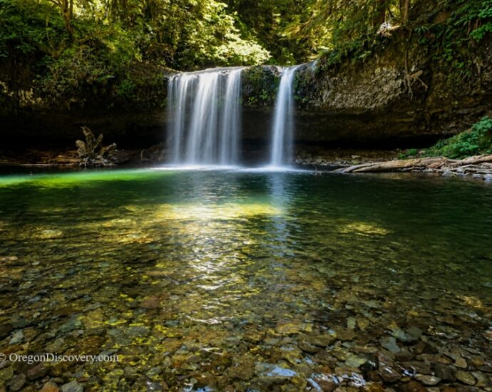 Upper Butte Creek Falls Oregon – Upper Butte Creek Falls Long Exposure Upper Butte Creek Falls Oregon: The picture "Upper Butte Creek Falls Long Exposure" shows a long-exposure view of the waterfall, giving the falling water a silky effect as it pours into a vibrant green forest pool with a stony bottom and logs at the water’s edge.