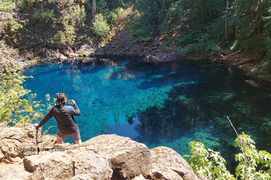 Tamolich Blue Pool (Oregon's Blue Pool) in Oregon – Blue Pool Tourist Overlook Tamolich Blue Pool (Oregon's Blue Pool) in Oregon – The picture "Blue Pool Tourist Overlook" shows a person standing on a rocky ledge taking a photo of the sparkling blue waters of Blue Pool below, with groups of visitors gathered along the far edge under the shade of tall trees.